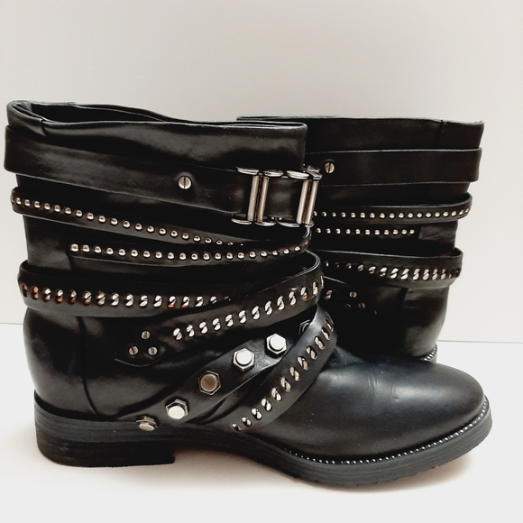 L.A.M.B. Tessa Moto Short Ankle Stud Boots Slip-On Genuine Leather Black Sz 6 M - Picture 12 of 16